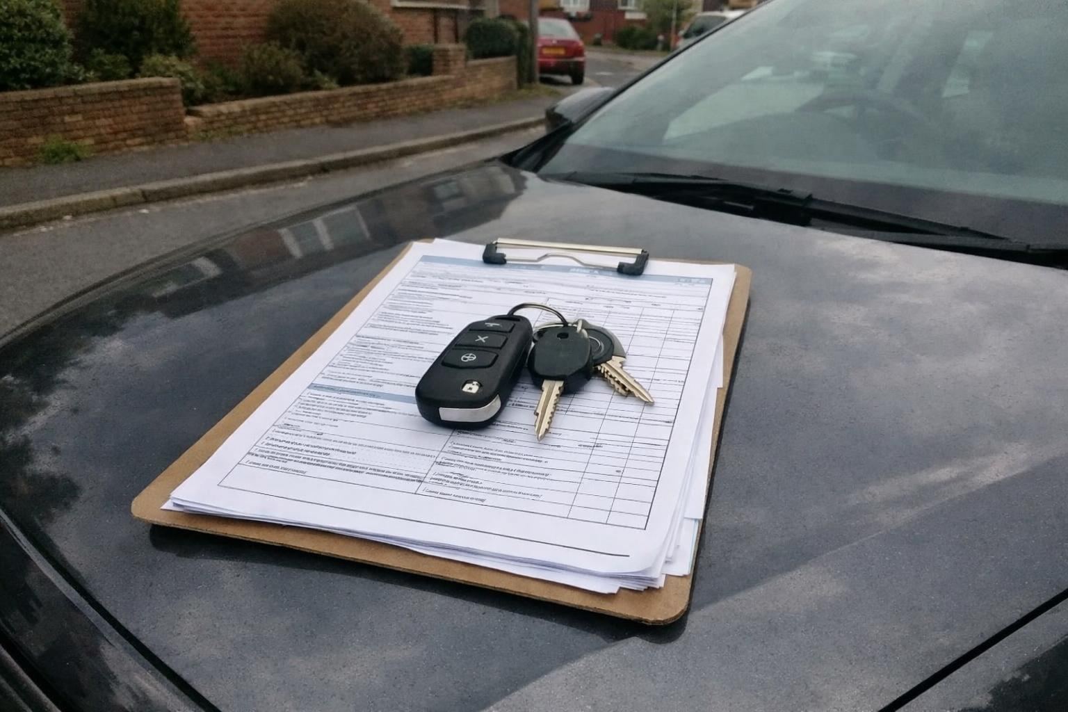 Vehicle inspection paperwork and keys on a car bonnet